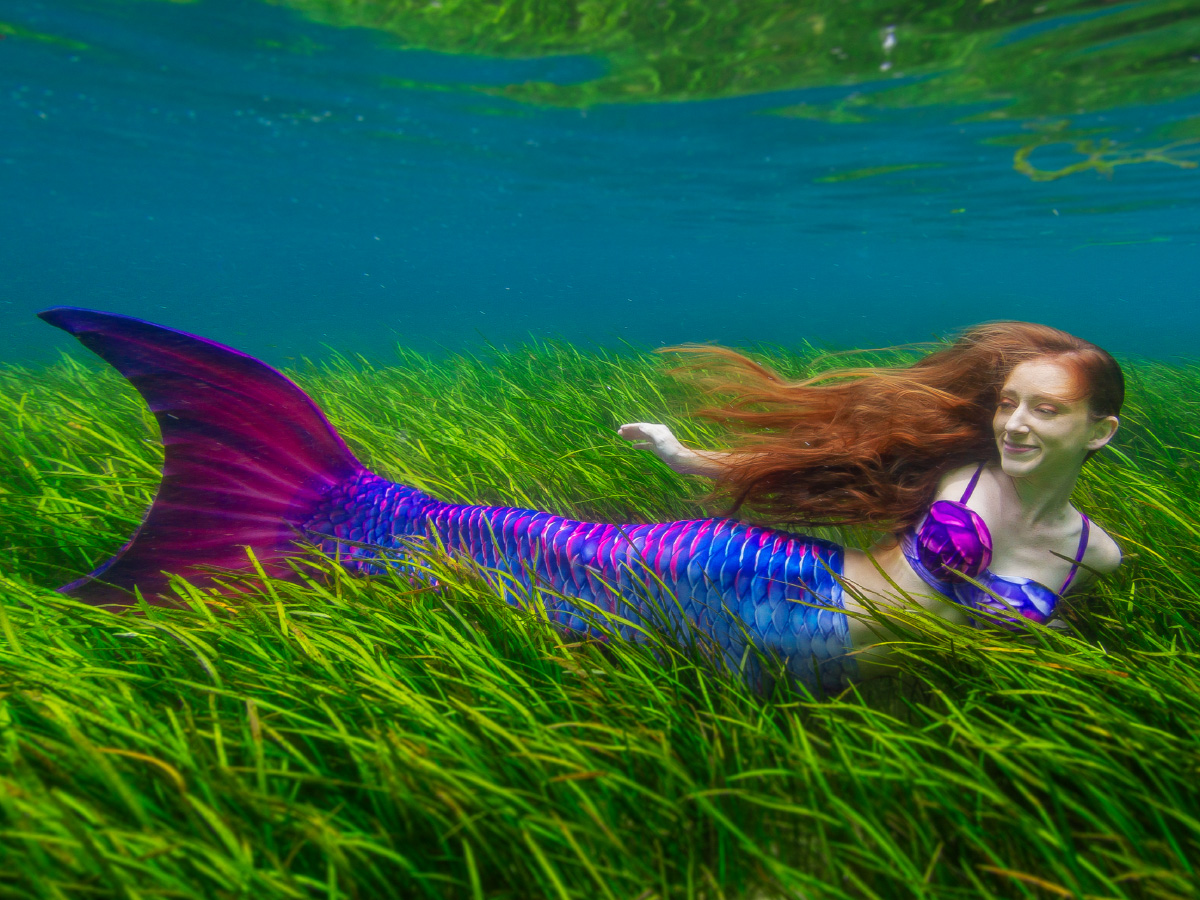 Adult wearing a colorful Mertailor Adult Guppy Mermaid Tail